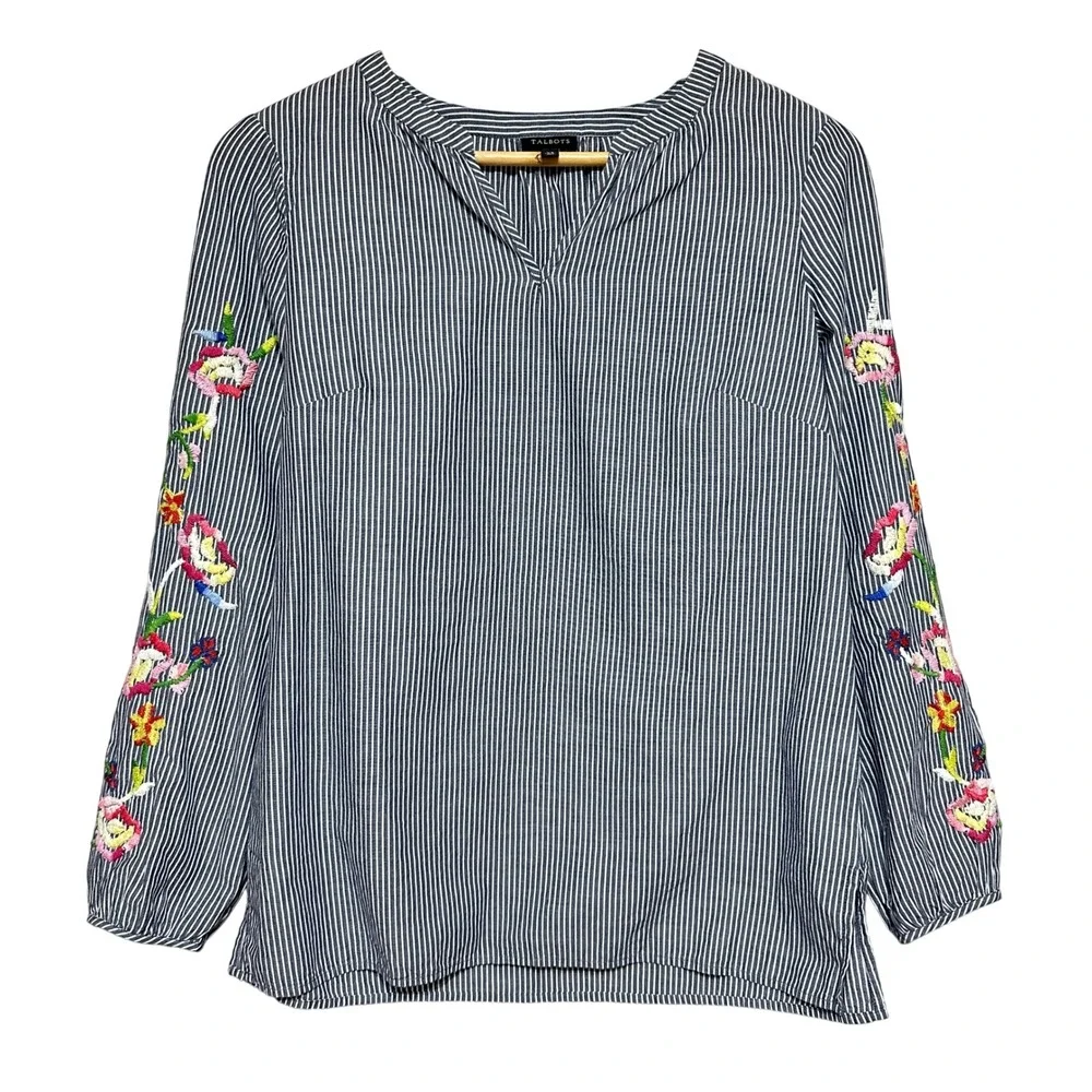 Talbots Floral Embroidered Striped Blouse Tunic‎ Womens XS Boho Lightweight Top